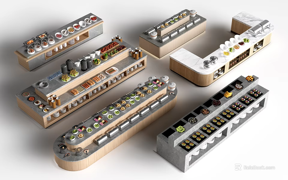 Various Bar Counter Designs With Wooden Stone Surfaces And Condiments In Multiple Styles 3d model 