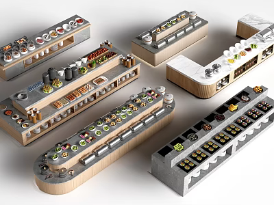 Various Bar Counter Designs With Wooden Stone Surfaces And Condiments In Multiple Styles 3d model