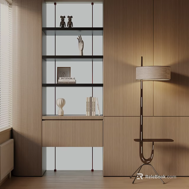 Modern Floor Lamp With Warm Light In Interior Beside Wooden Cabinet And Decorative Shelf 3d model 