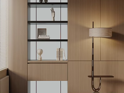 Modern Floor Lamp With Warm Light In Interior Beside Wooden Cabinet And Decorative Shelf 3d model