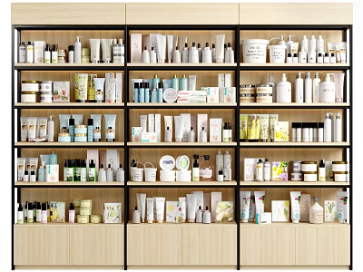 Organized Multi Layered Display Shelves With Various Cosmetic And Skincare Products 3d model