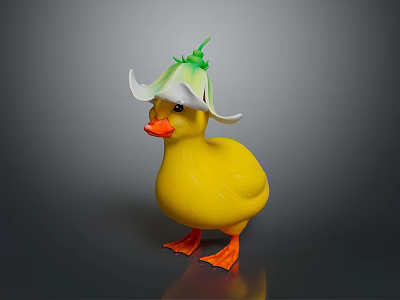 Adorable Yellow Duck Toy Wearing Lotus Shaped White Hat With Green Decoration 3d model