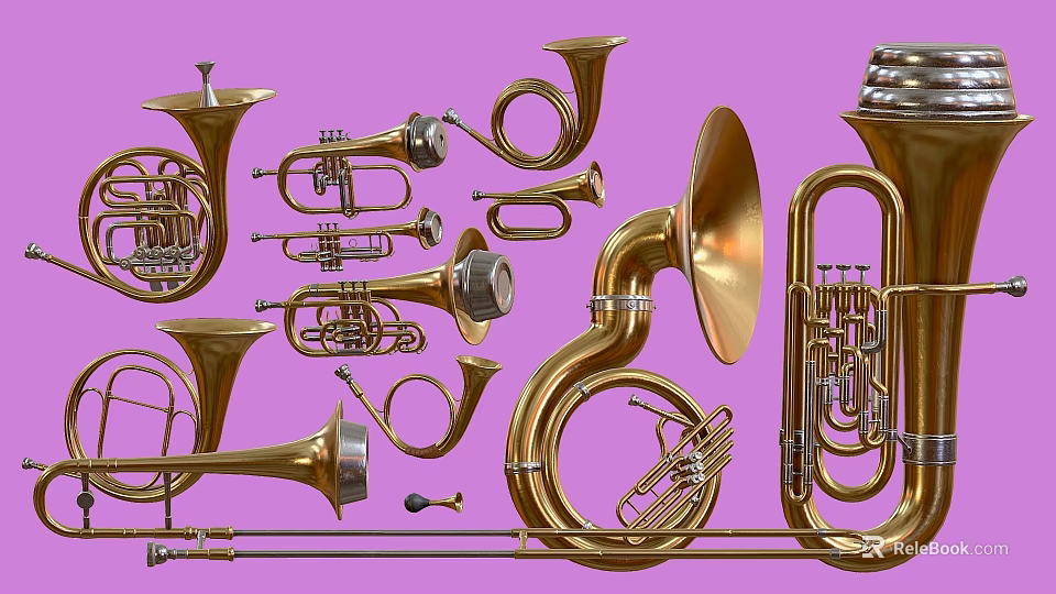 Golden Brass Instruments with Various Types Displayed on Purple Background 3d model