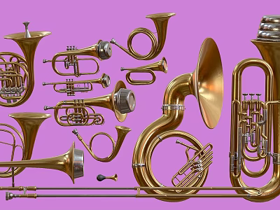 Golden Brass Instruments with Various Types Displayed on Purple Background 3d model