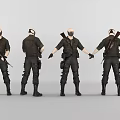 Man In Black Tactical Gear With Rifle And Backpack Shown From Multiple Angles