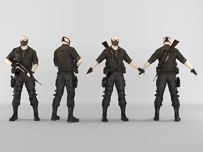 Man In Black Tactical Gear With Rifle And Backpack Shown From Multiple Angles 3d model