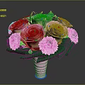 Pink And White Roses With Pink Dahlias And Green Leaves In Pink Vase