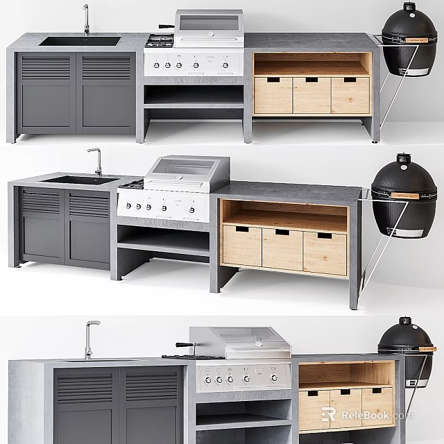 Outdoor Kitchen Cookware With Gray Cabinets Wooden Drawers Concrete Countertop Grill Sink And Black Oven 3d model 
