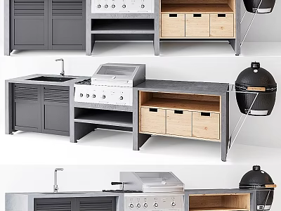 Outdoor Kitchen Cookware With Gray Cabinets Wooden Drawers Concrete Countertop Grill Sink And Black Oven 3d model