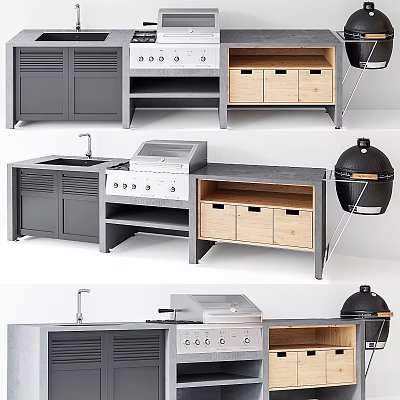 Outdoor Kitchen Cookware With Gray Cabinets Wooden Drawers Concrete Countertop Grill Sink And Black Oven 3d model
