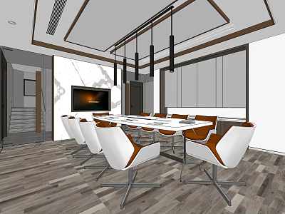 Modern Conference Room Interior With Conference Table White Brown Chairs TV Screen And Wooden Floor 3d model