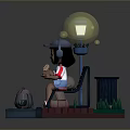 Helmeted man sitting on bench holding cat with street lamp gray creature and pink box