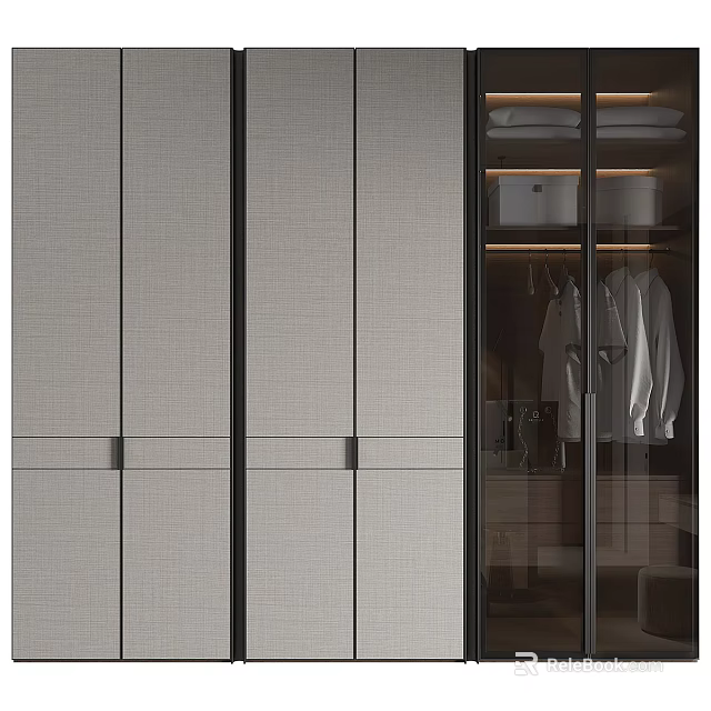 Modern Wardrobe Interior With Textured Panels Black Frame Glass Door And Storage Areas 3d model 