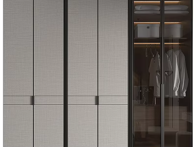 Modern Wardrobe Interior With Textured Panels Black Frame Glass Door And Storage Areas 3d model