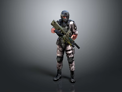Game Movie Character In Camouflage Combat Uniform With Helmet Goggles And Rifle Standing Pose 3d model