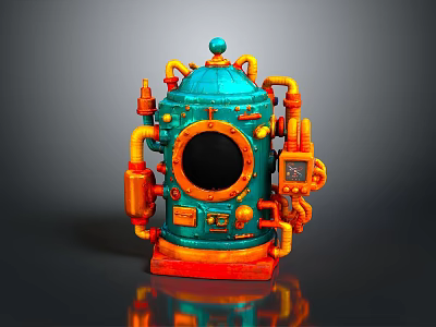 Vintage Teal And Orange Submersible Water Vehicle With Circular Window Pipes And Instruments 3d model