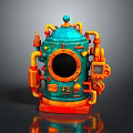 Vintage Teal And Orange Submersible Water Vehicle With Circular Window Pipes And Instruments