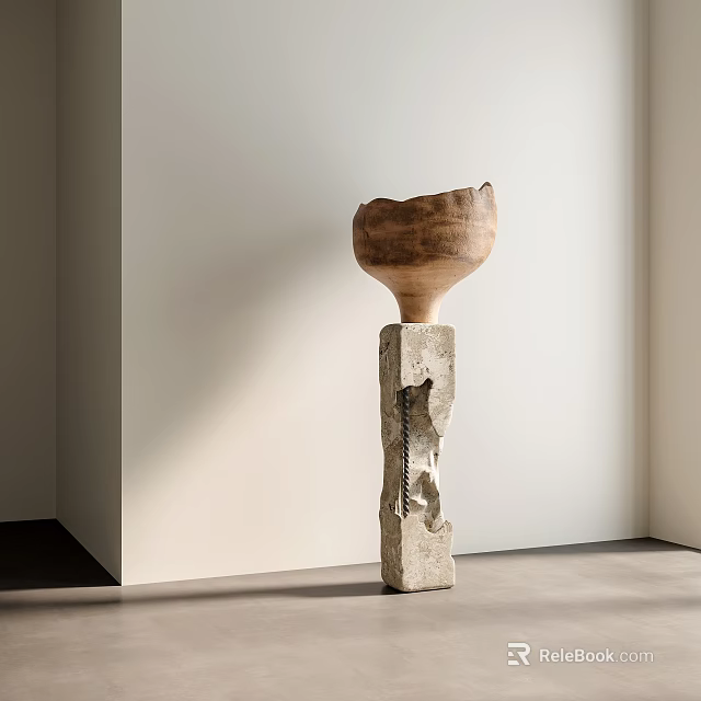 Minimalist Decorative Ornament Set With Wooden Bowl And Stone Pedestal For Home Interior 3d model 