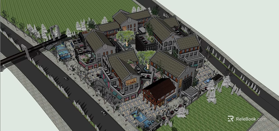 Traditional Style Commercial Street With Multiple Shops Green Areas And Pedestrian Walkways 3d model 