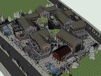 Traditional Style Commercial Street With Multiple Shops Green Areas And Pedestrian Walkways 3d model