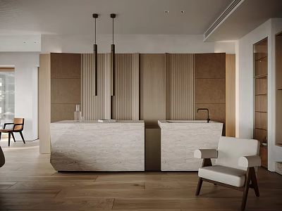 Modern Restaurant Reception Area With Marble Counters Wooden Panels And Pendant Lights 3d model
