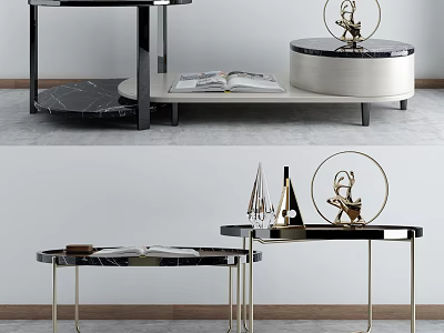 Stylish Modern Round Marble Coffee Table With Gold Metal Frame And Decorative Books On Top 3d model
