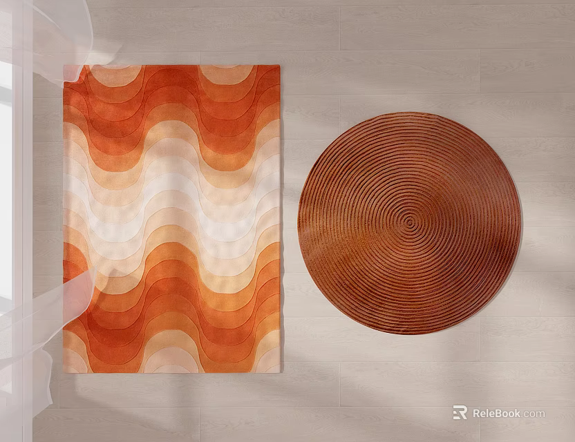 Square Carpet With Orange And White Wavy Pattern And Round Brown Concentric Design 3d model