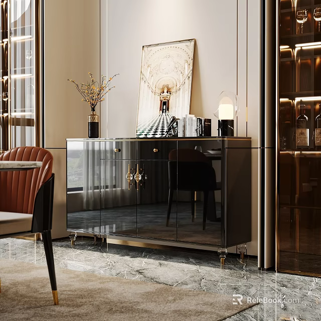 Modern Mirrored Sideboard With Golden Handles And Decorative Vase In Living Room 3d model 