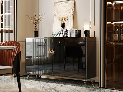 Modern Mirrored Sideboard With Golden Handles And Decorative Vase In Living Room 3d model