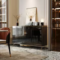 Modern Mirrored Sideboard With Golden Handles And Decorative Vase In Living Room