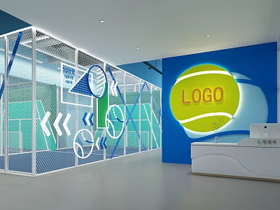 Modern Photo Check in Spot With White Partition Geometric Patterns Neon Logo And Tennis Elements 3d model