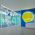 Modern Photo Check in Spot With White Partition Geometric Patterns Neon Logo And Tennis Elements
