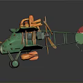 Vintage Green Biplane Model With Orange Accents And Cosmic Flame Design For Aerospace Decor
