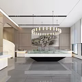 Modern Sales Office Interior With Sofa Chairs Coffee Tables Large Windows And Water Bar Area