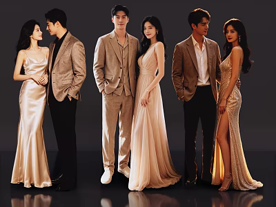 Group of People In Formal Suits And Elegant Dresses Beige Gold Tones Dark Background 3d model