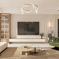 Elegant Living Dining Room Interior With Beige Sofa Green Armchair Coffee Table Rug And Paintings