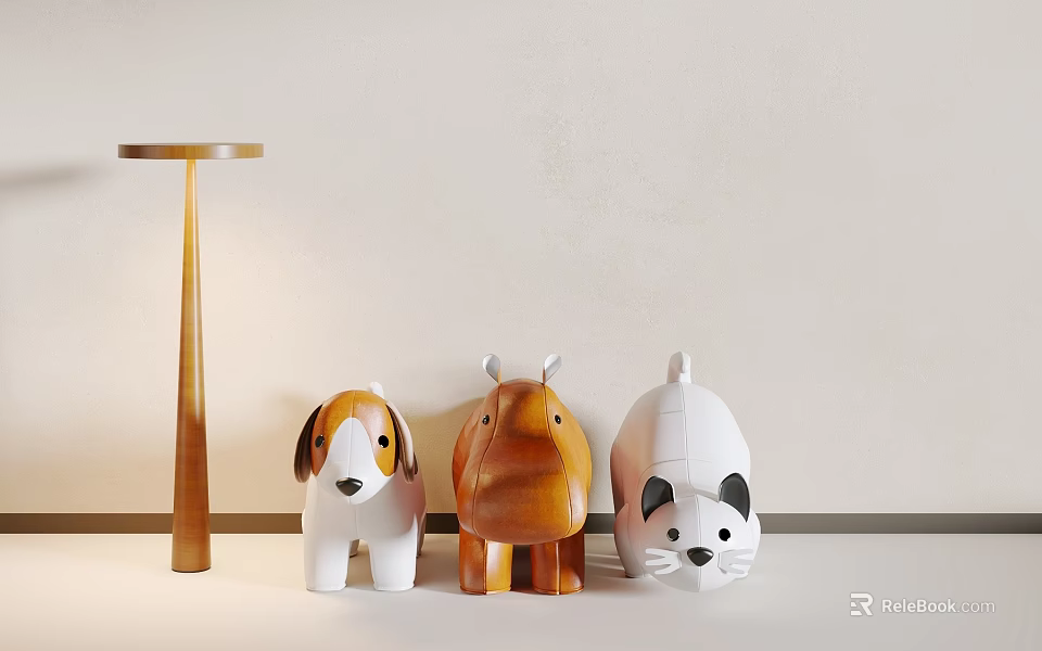 Cute Animal Shaped Wooden Stools in White and Brown on Light Colored Tabletop 3d model 
