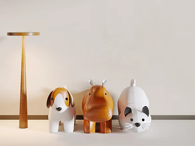 Cute Animal Shaped Wooden Stools in White and Brown on Light Colored Tabletop 3d model