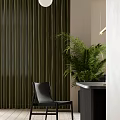 Modern Dining Living Room Interior With Dark Cabinets Dining Table Chairs Pendant Lights And Green Plants