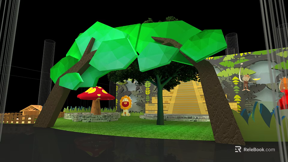 Playground Equipment With Green Polygonal Trees Red Mushroom And Grass Area 3d model 