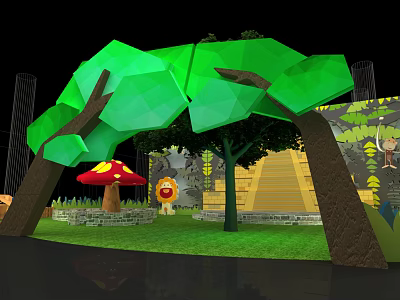 Playground Equipment With Green Polygonal Trees Red Mushroom And Grass Area 3d model