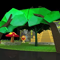 Playground Equipment With Green Polygonal Trees Red Mushroom And Grass Area