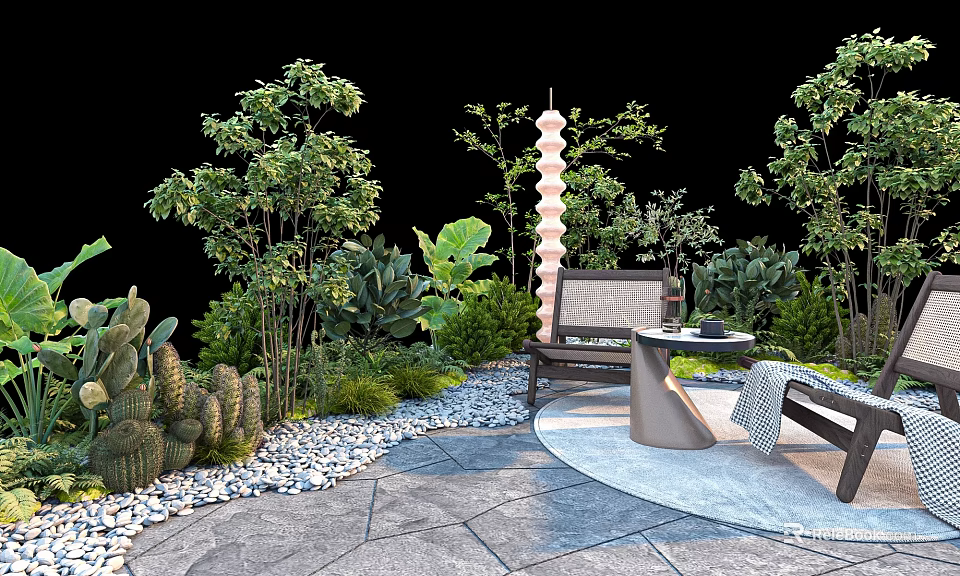 Garden Bushes in Cozy Patio with Chairs Table Pebbles Lantern and Green Plants 3d model 