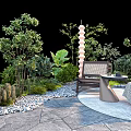 Garden Bushes in Cozy Patio with Chairs Table Pebbles Lantern and Green Plants
