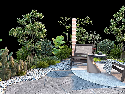 Garden Bushes in Cozy Patio with Chairs Table Pebbles Lantern and Green Plants 3d model