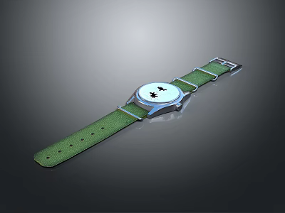 Fashionable Watch Accessory With Green Strap White Dial Black Star Design And Metal Buckle 3d model