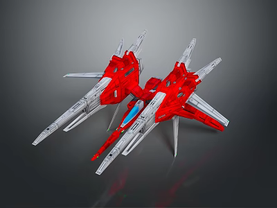 Red White Futuristic Mechanical Aircraft Model Featuring Sharp Wings Blue Accents And Intricate Structure 3d model