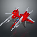 Red White Futuristic Mechanical Aircraft Model Featuring Sharp Wings Blue Accents And Intricate Structure