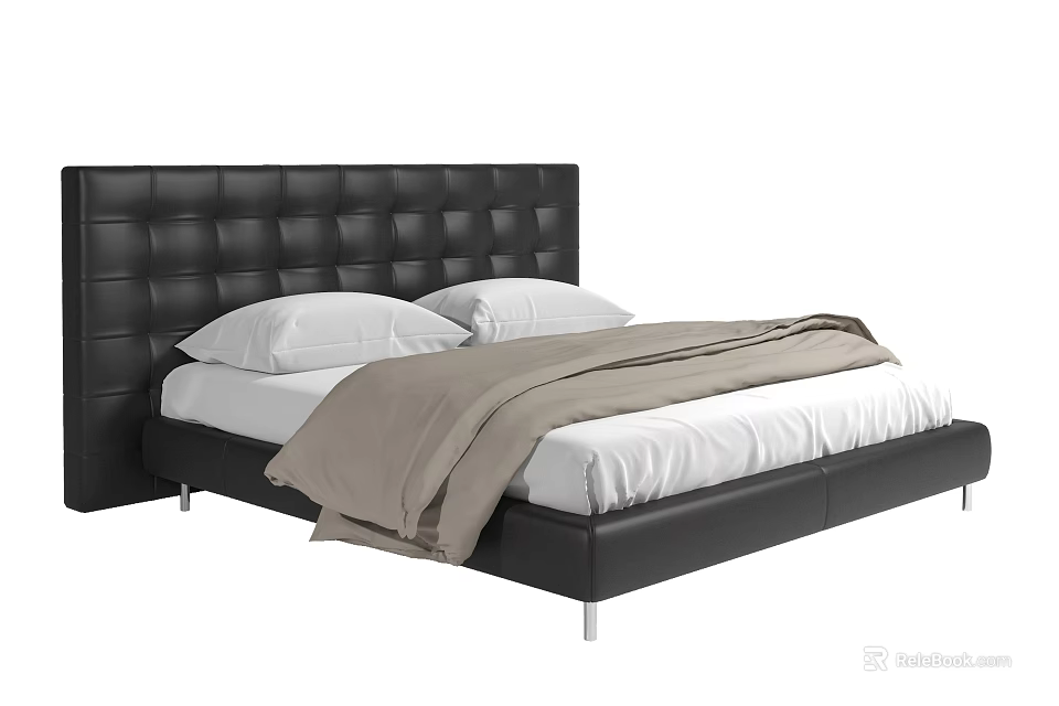 Modern Double Bed With Black Tufted Leather Headboard White Pillows And Beige Quilt 3d model 