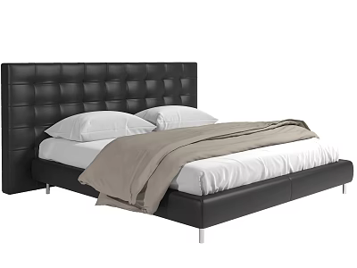 Modern Double Bed With Black Tufted Leather Headboard White Pillows And Beige Quilt 3d model